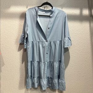 Blue Smocked A-Line Midi Dress with Puff Sleeves